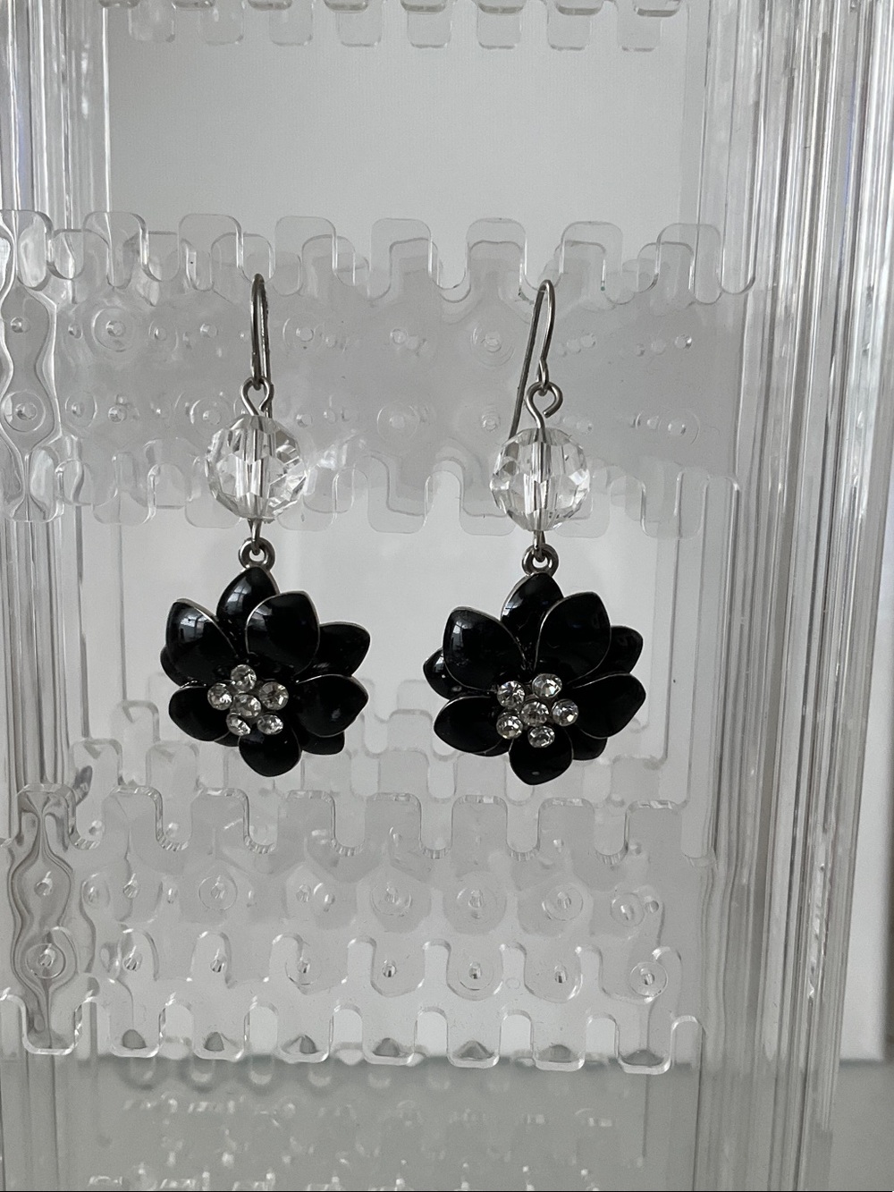Black Flower Drop Earrings with Crystal Accents